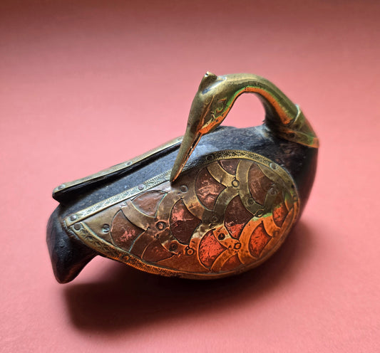 Indian Wooden Swan Figurine with Brass & Copper Inlay – Rajasthan, c.1880–1910