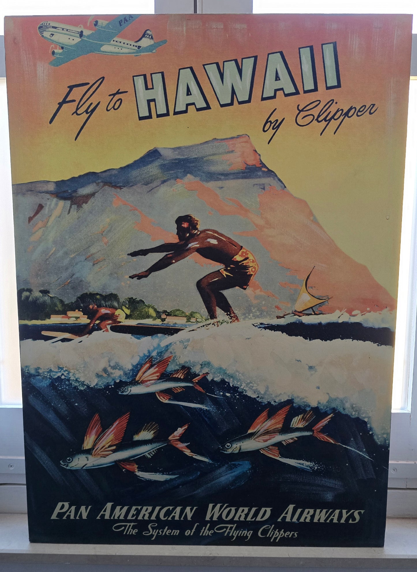 Pan American Airways Vintage Travel Poster – Framed Vinyl Reproduction with Hand-Painted Highlights, 1990s