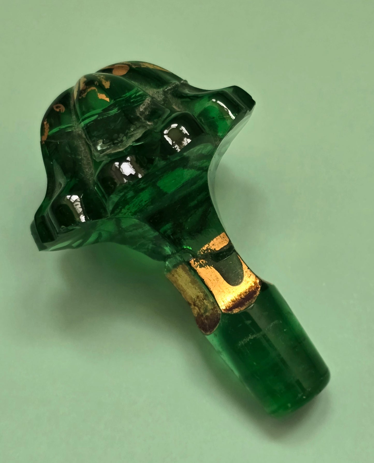 Antique Bohemian Green Glass Perfume Bottle with Gold Gilt, c.1880