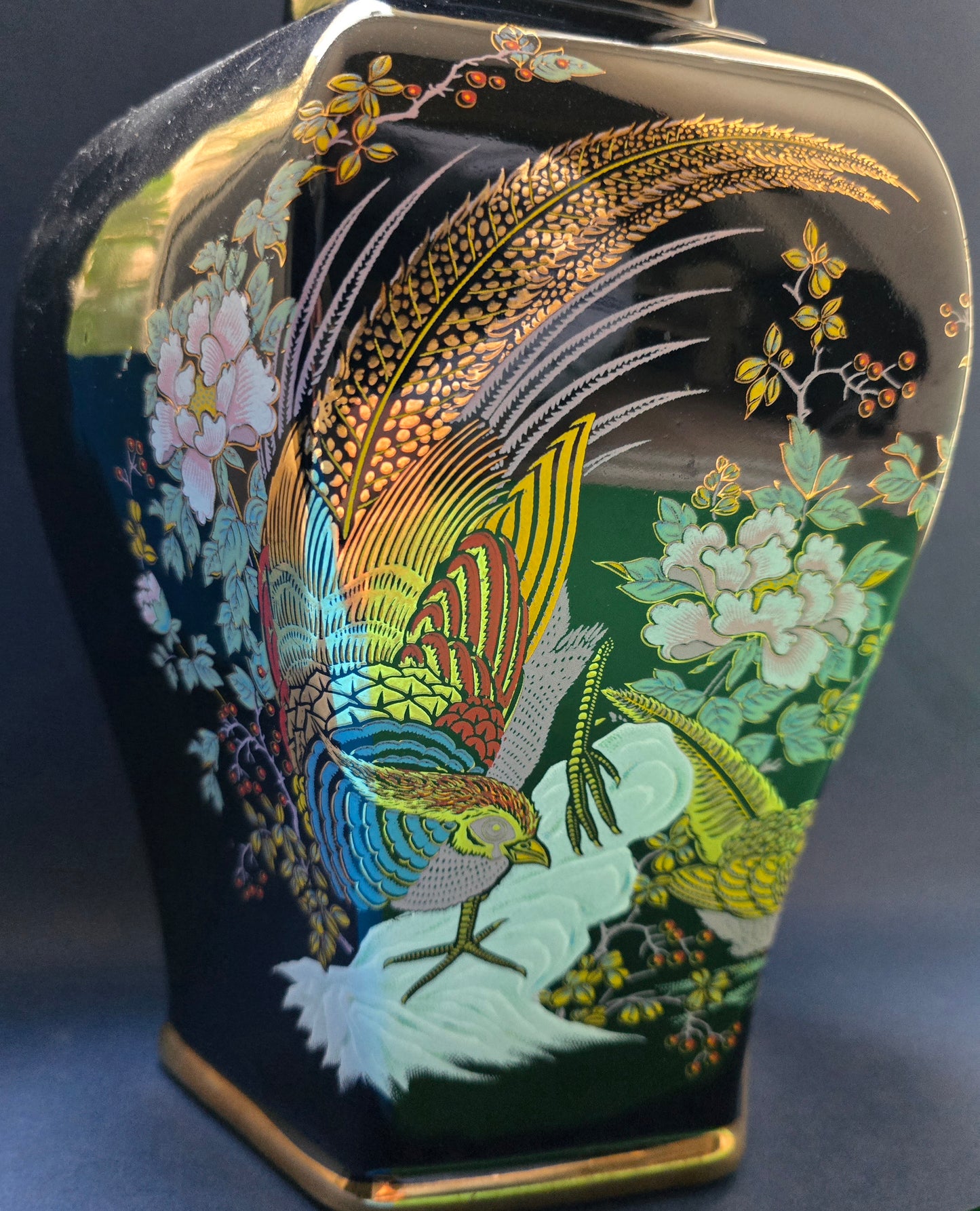 Italian Cobalt Blue Hexagonal Vase with Lid, Hand-Painted Pheasant & Peonies, Model A35, c.1950