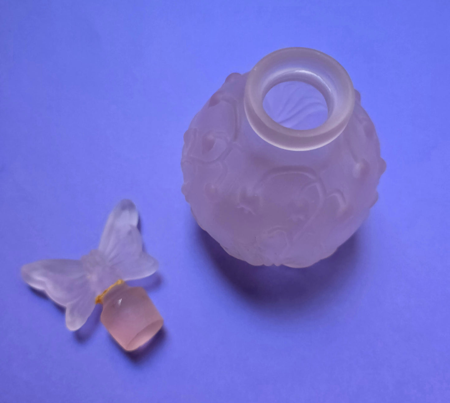 Pink Frosted Glass Butterfly Vanity Set – Perfume Atomiser, Bottle & Trinket Box, 1970s