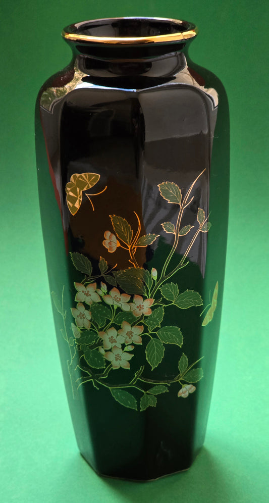 'Oriental Blossom' Black Octagonal Vase, Hand-Painted Flowers & Butterfly, c.1960–1970