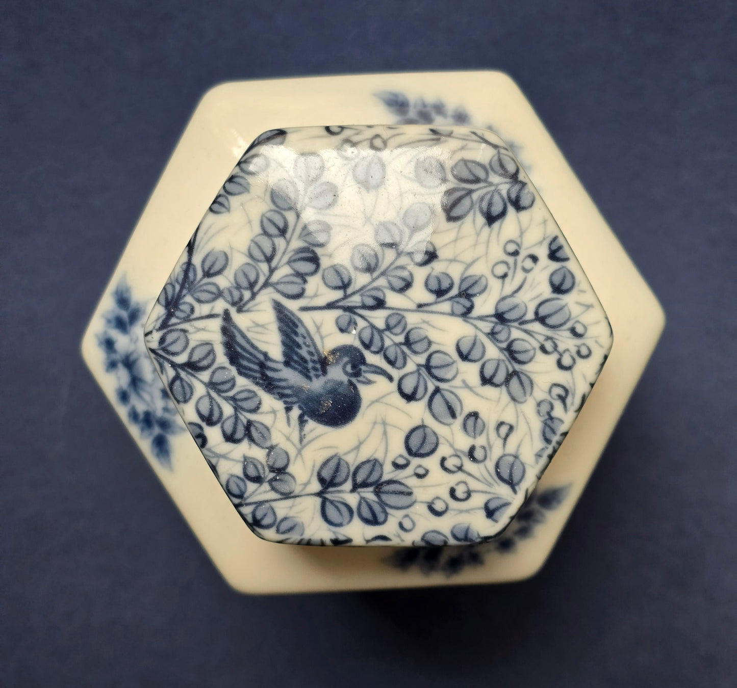 Chinese Blue & White Hexagonal Storage Jar with Lid, Birds & Foliage, c.1950