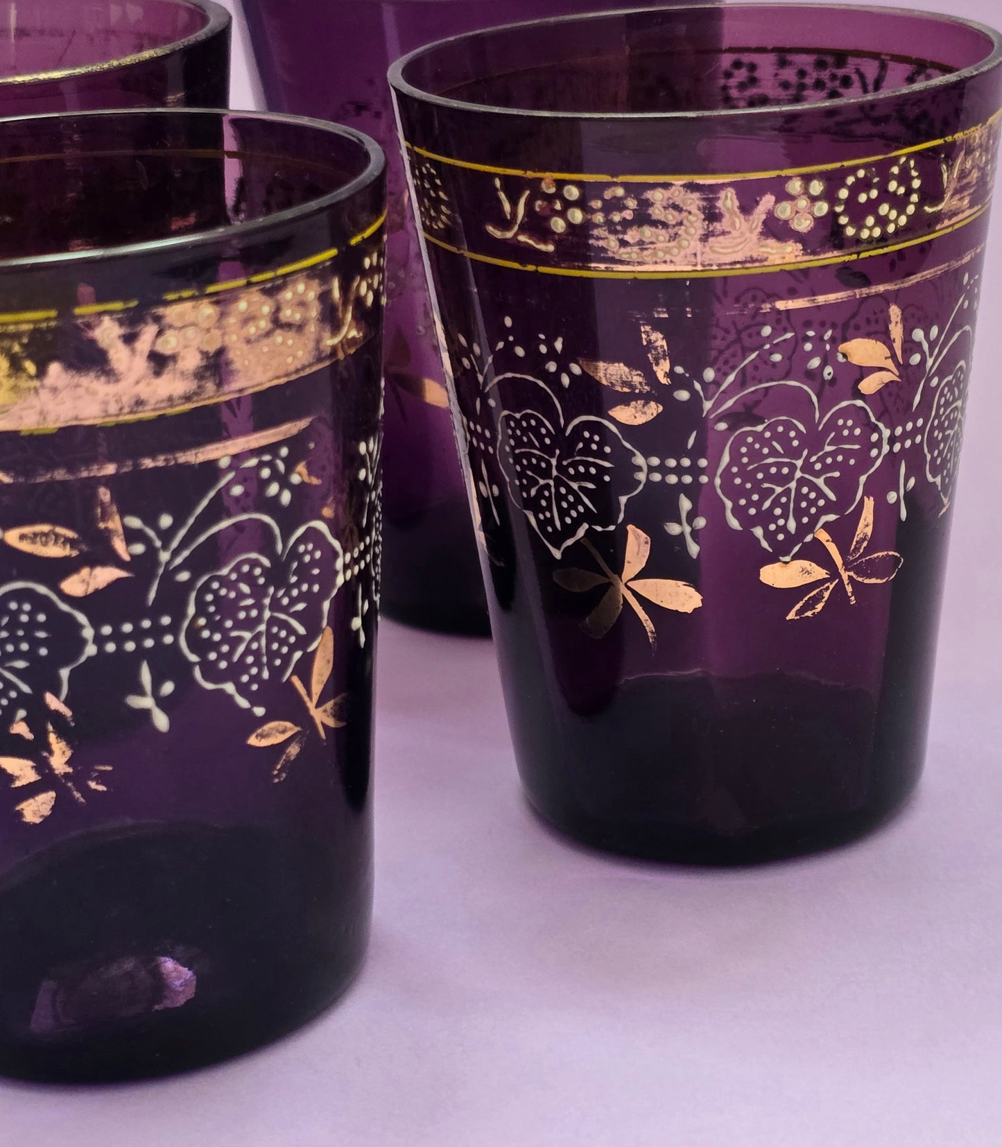 Bohemian Amethyst Glass Tumblers with Gold Enamel – Set of 4, 1870–1890