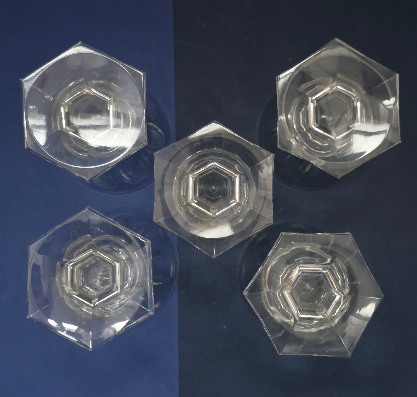 Set of 5 Antique Crystal Wine Glasses with Hexagonal Foot & Panel-Cut Body, c.1900