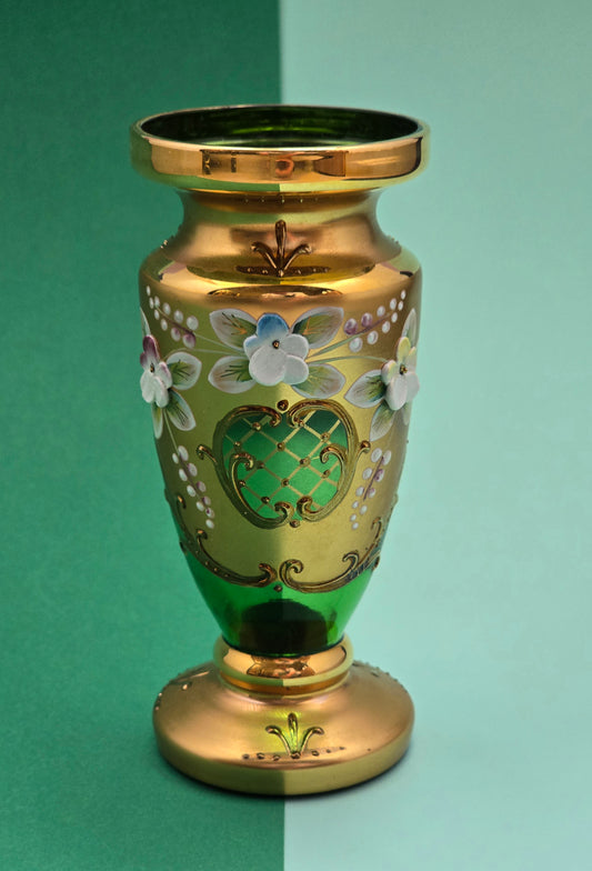 Vintage Bohemian Green Glass Vase with Gold Enamel & Hand-Painted Flowers, c.1950s