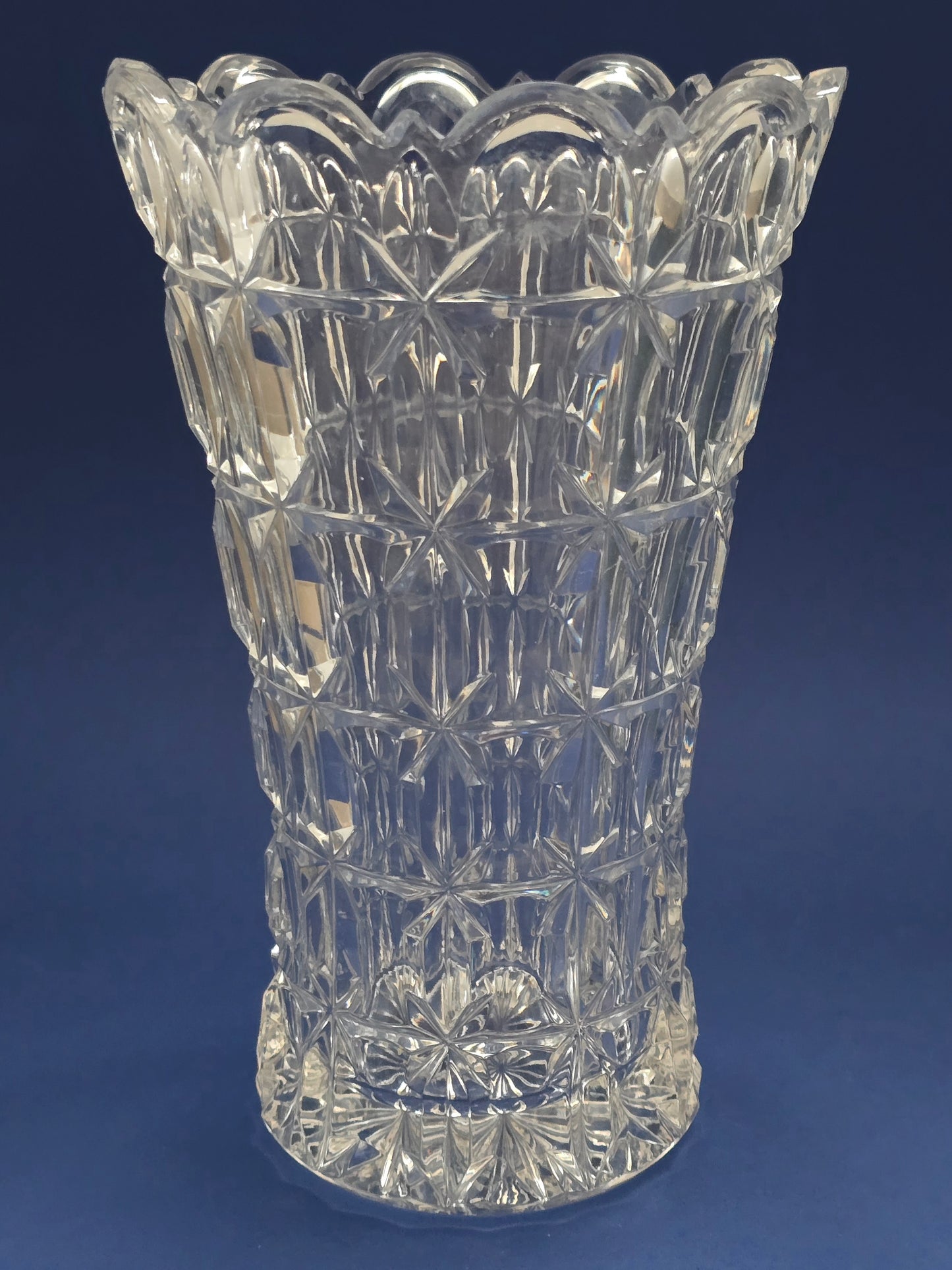 Vintage Cut Crystal Vase with Scalloped Rim, Star & Arch Pattern, c.1930