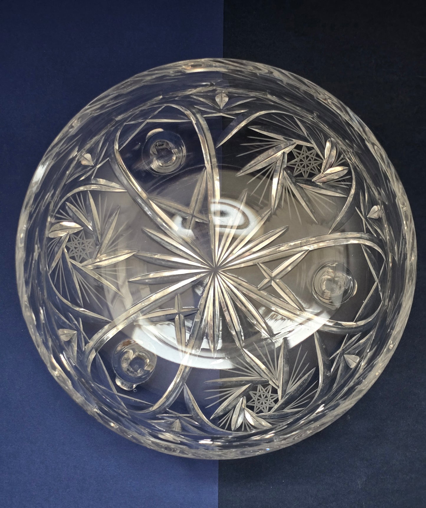 Vintage Cut Crystal Bowl on Three Ball Feet with Pinwheel & Fan Pattern, c.1930