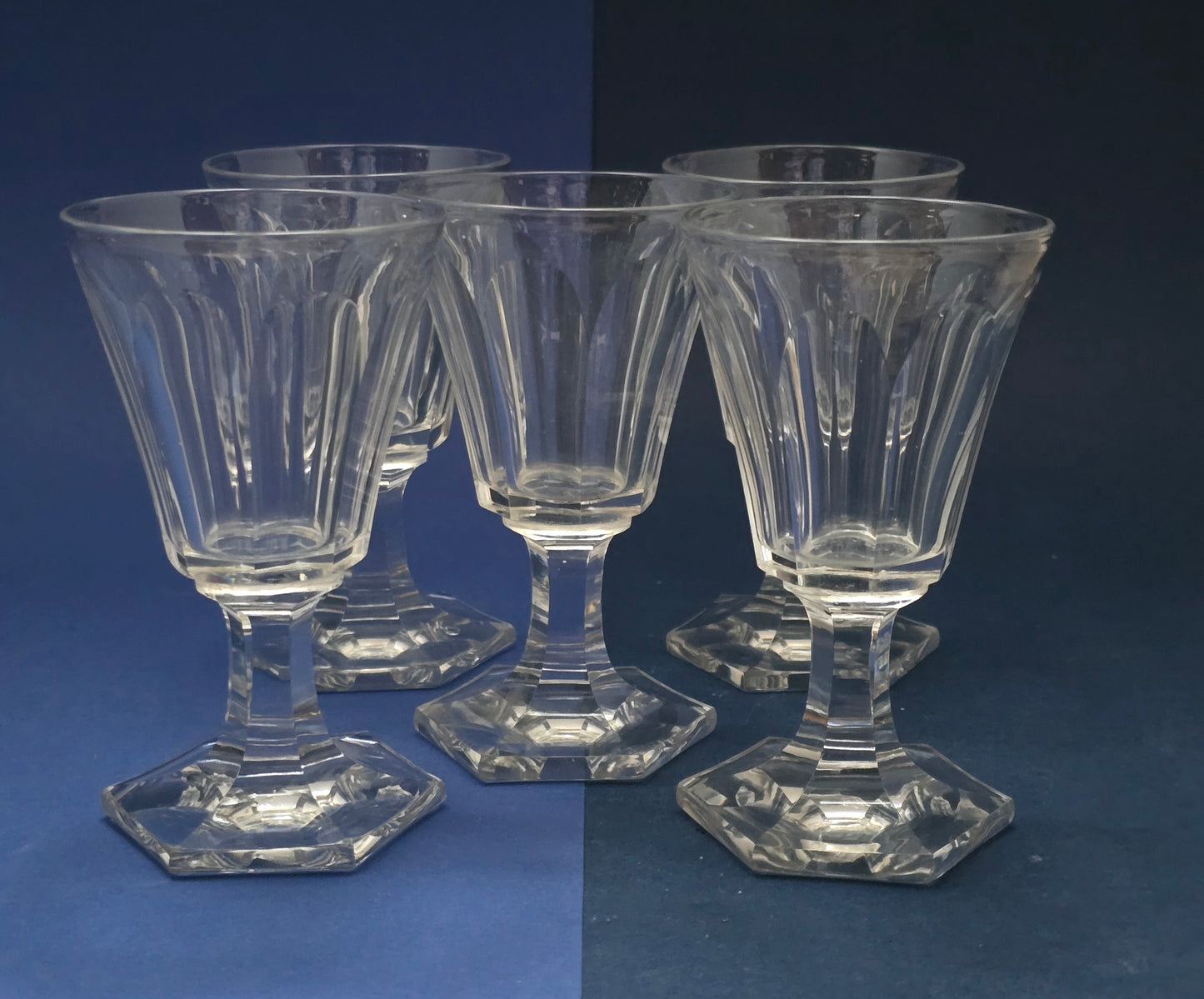 Set of 5 Antique Crystal Wine Glasses with Hexagonal Foot & Panel-Cut Body, c.1900