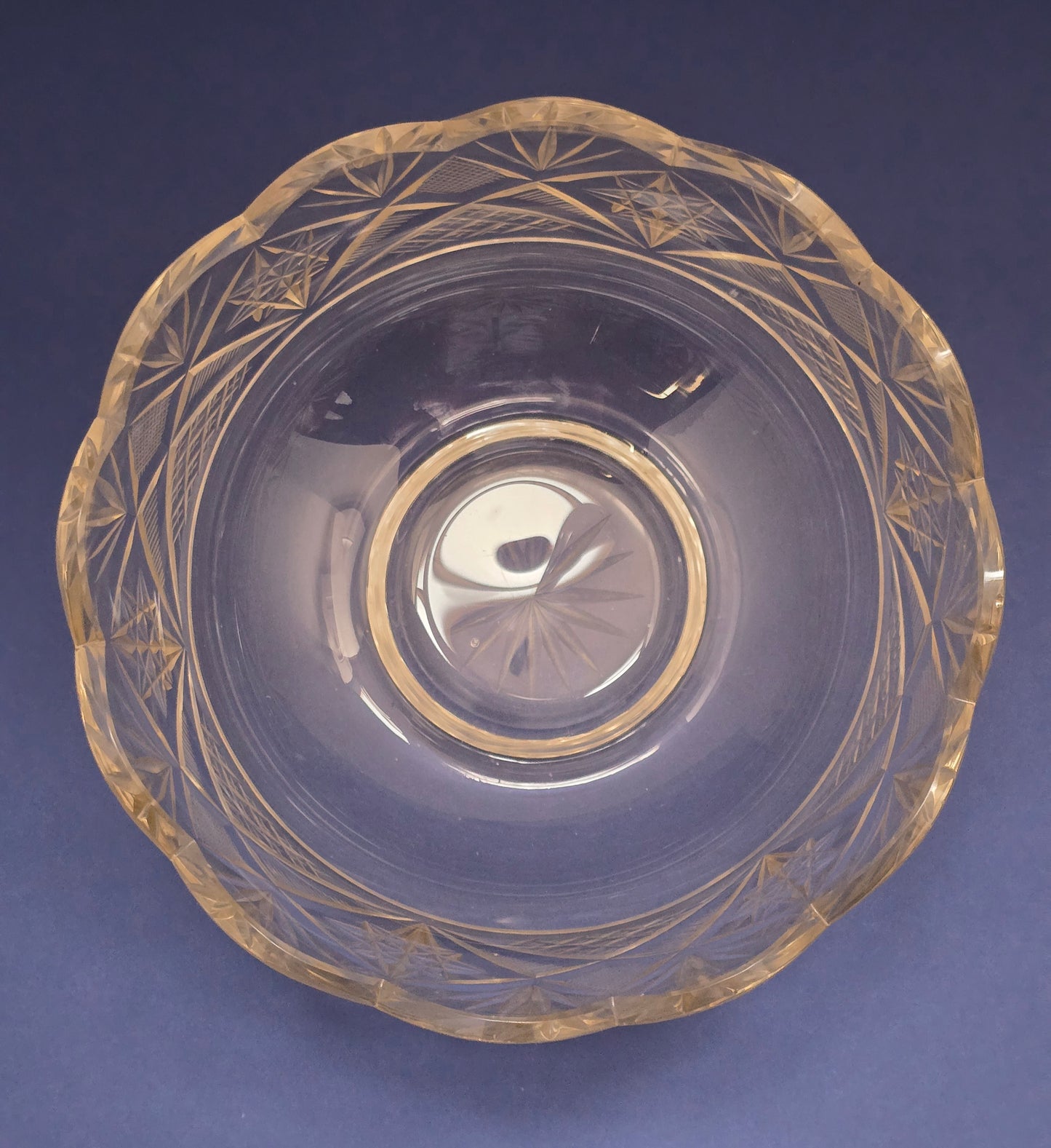 Antique Cut Crystal Bowl with Scalloped Rim, Star & Fan Pattern, c.1920