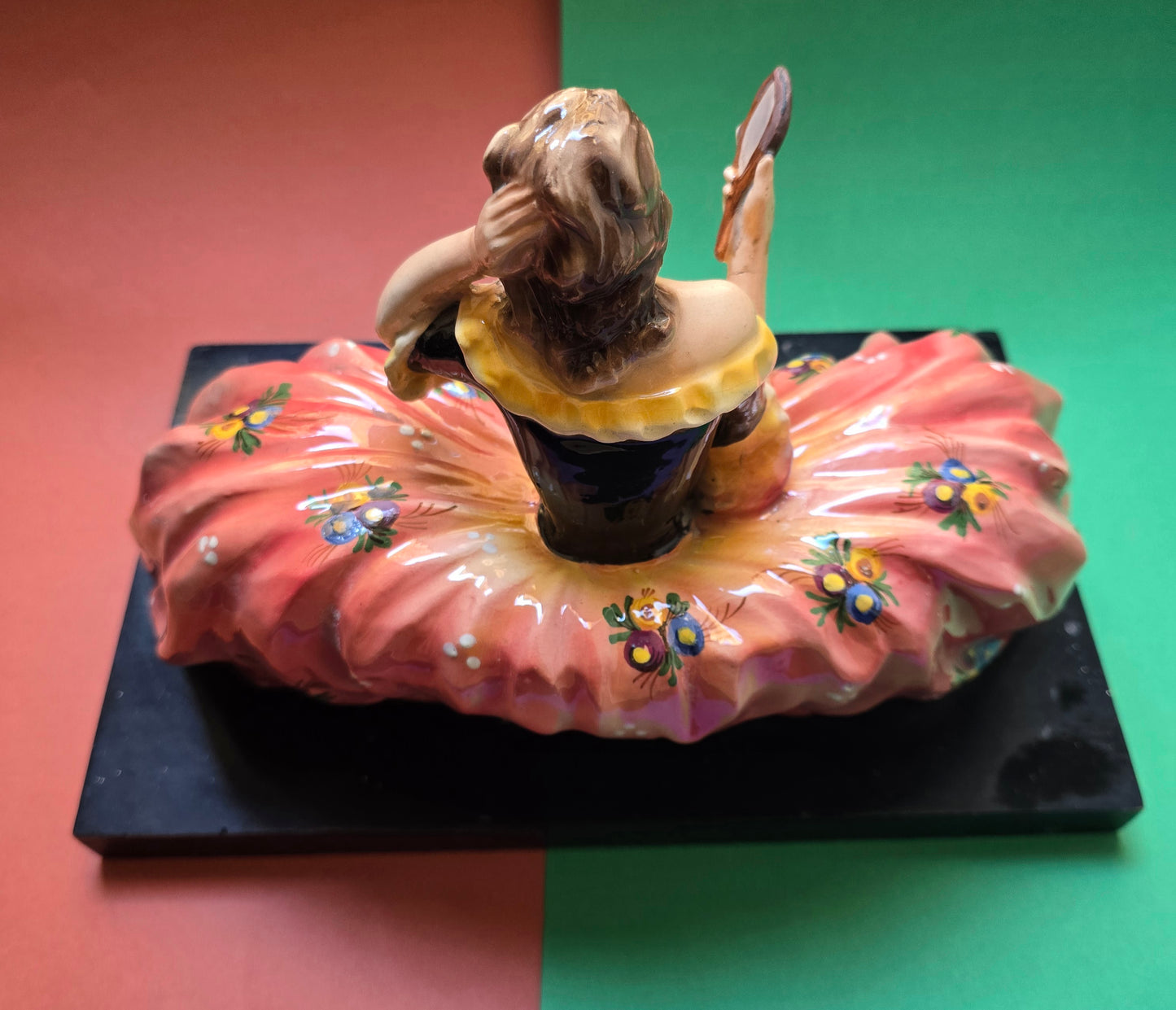Italian Hand-Painted Ceramic Lady Figurine on Wood Base, c.1940s–1950s