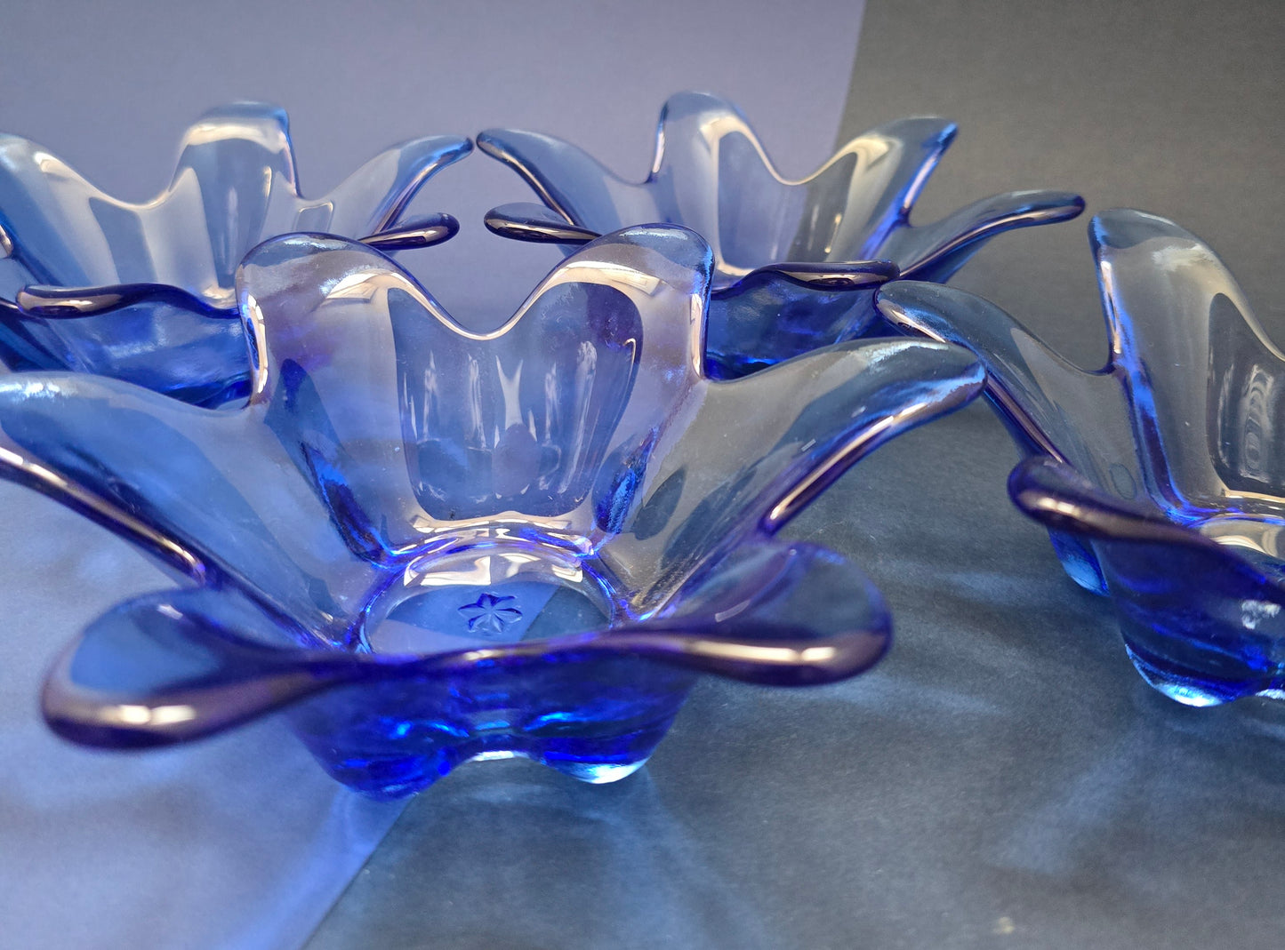 Blue Pressed Glass Flower Candle Holders – Set of 4, 1970s