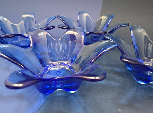 Blue Pressed Glass Flower Candle Holders – Set of 4, 1970s