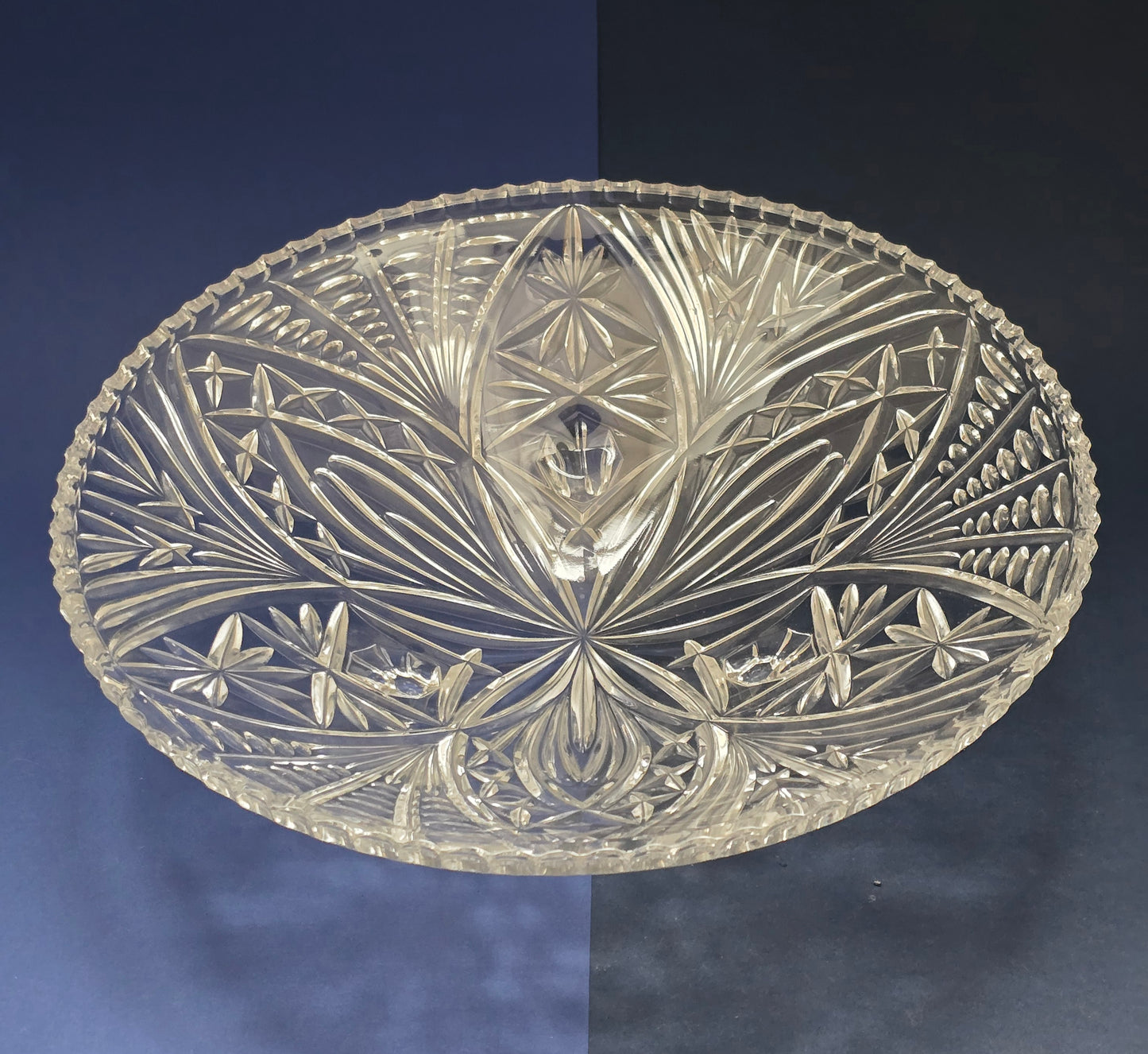 Vintage Cut Crystal Centrepiece Bowl on Four Tapered Feet with Pinwheel & Fan Pattern, c.1940