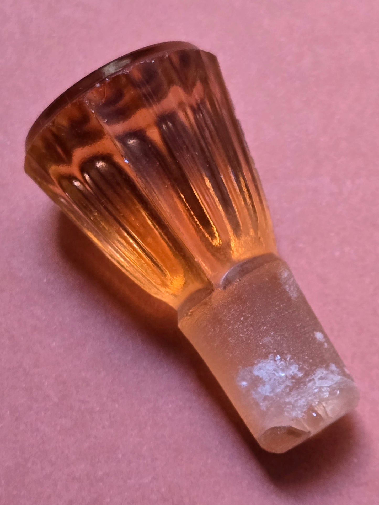 Art Deco Amber Pink Glass Perfume Bottle with Ribbed Stopper, c.1925–1935