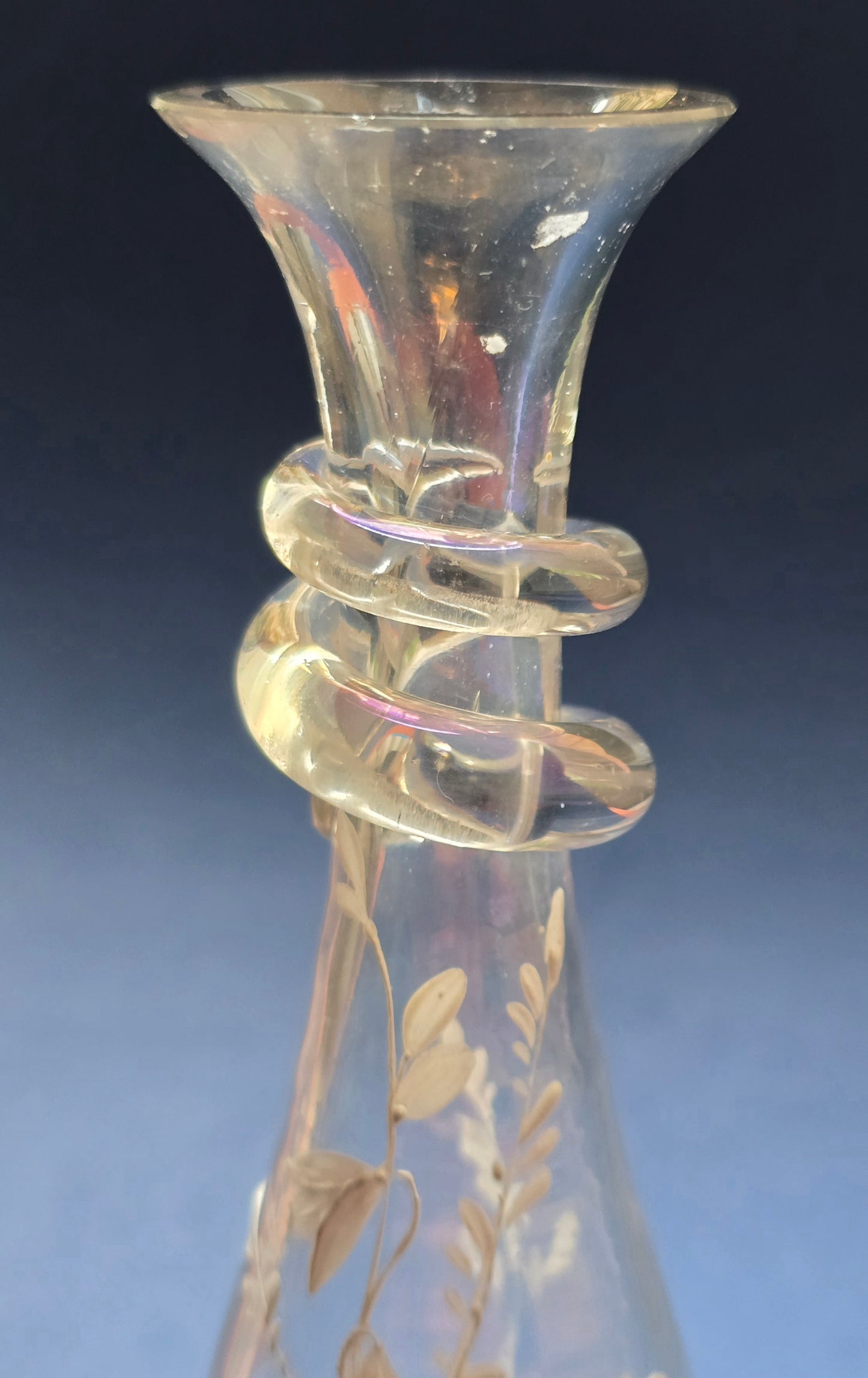 Pair of Bohemian Art Nouveau Iridescent Glass Vases, Loetz Style, Gilt Botanical Decoration, c.1890