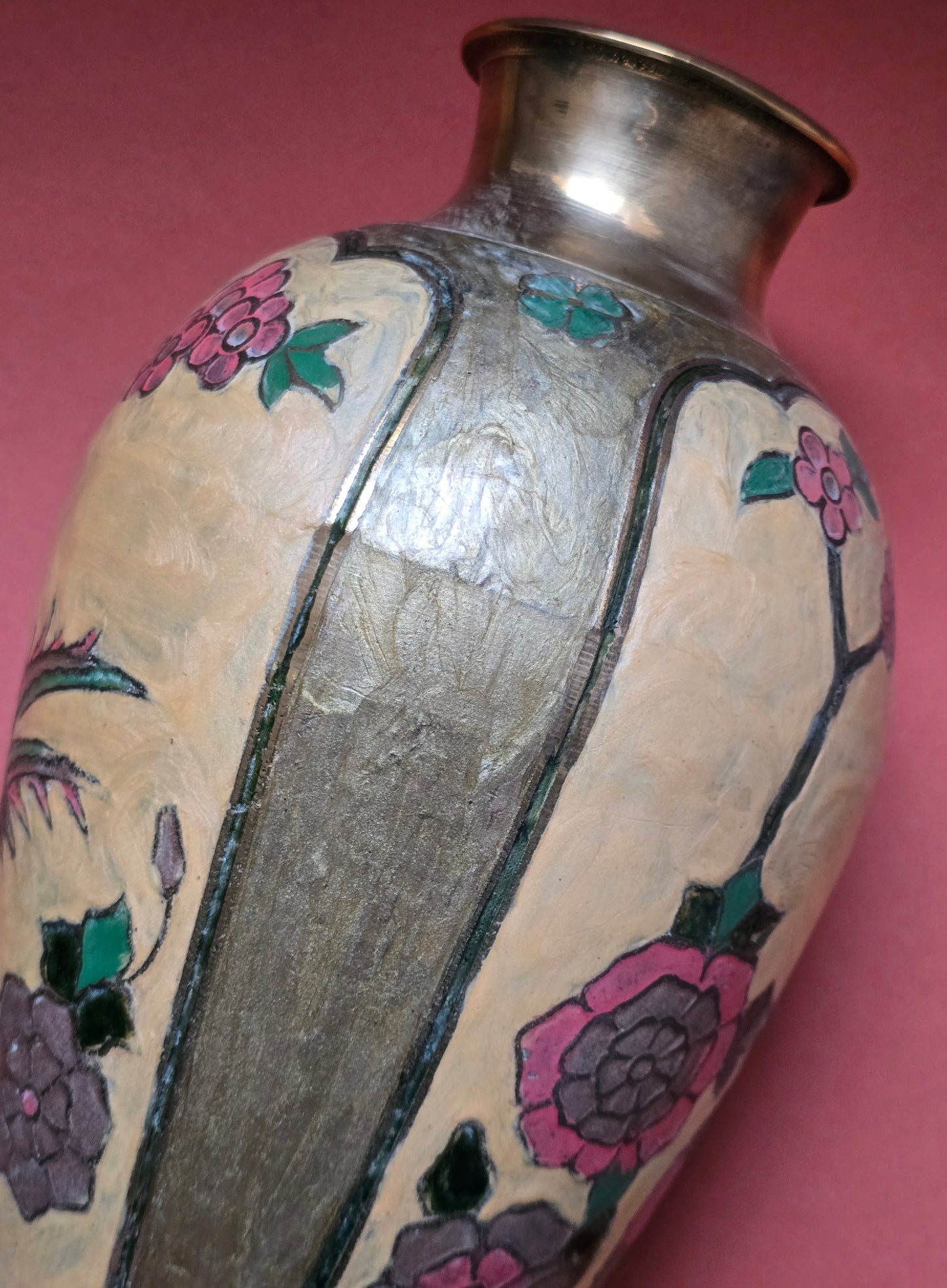 Indian Brass Vase with Cloisonné-Style Enamel Decoration – Bird & Floral, 1960s