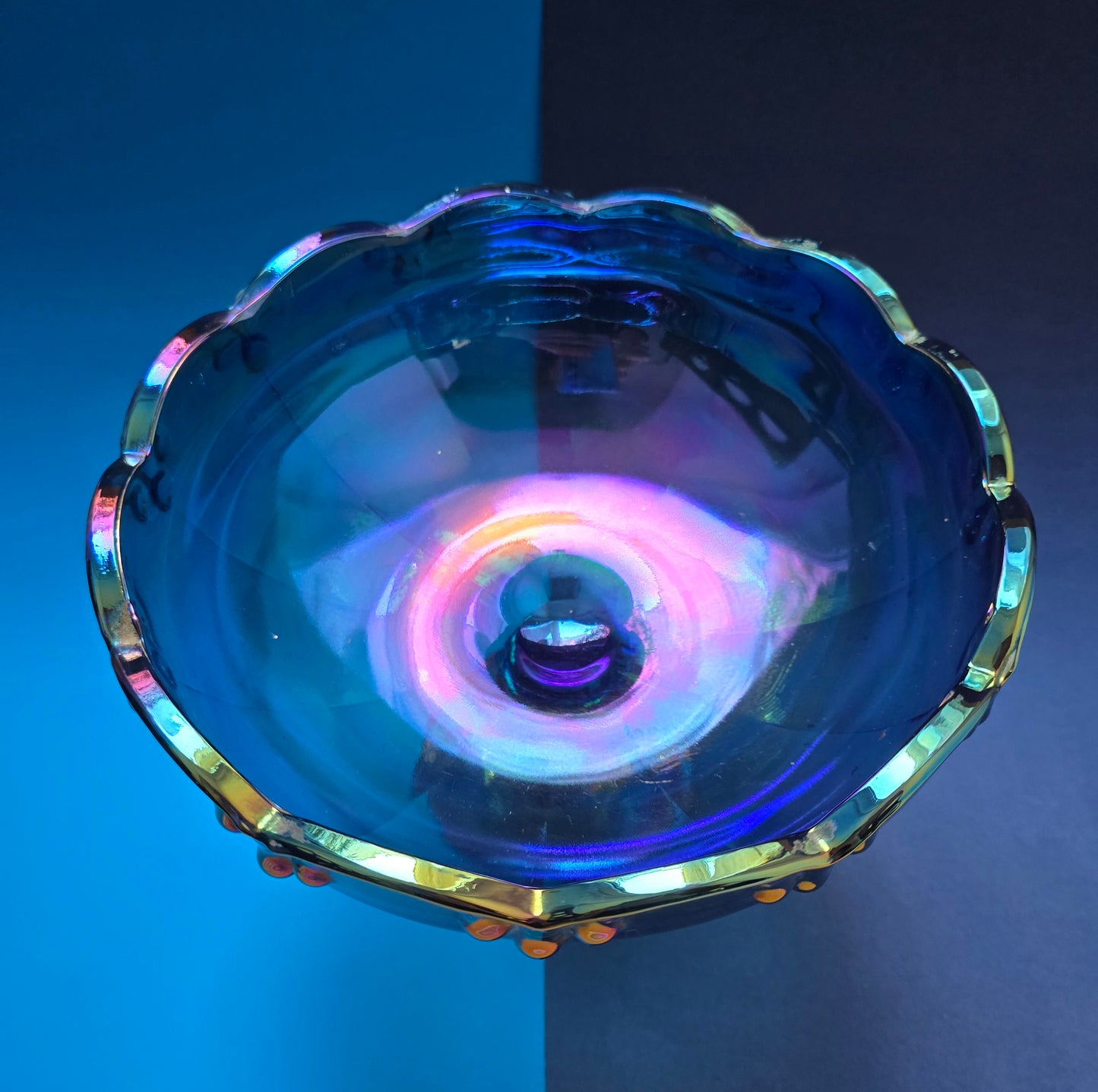 Indiana Glass Iridescent Blue Carnival Glass Compote – 1970s USA