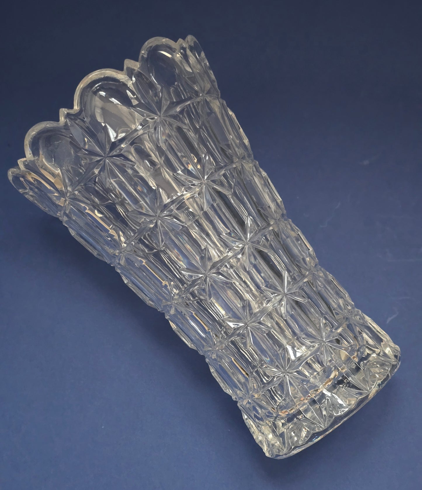 Vintage Cut Crystal Vase with Scalloped Rim, Star & Arch Pattern, c.1930