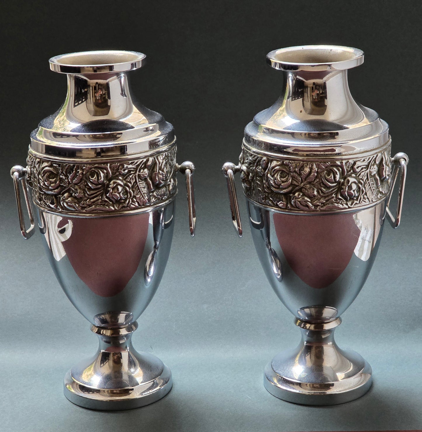 Art Nouveau / Jugendstil Silver-Plated Vase Pair – Repoussé Rose Frieze, c.1900