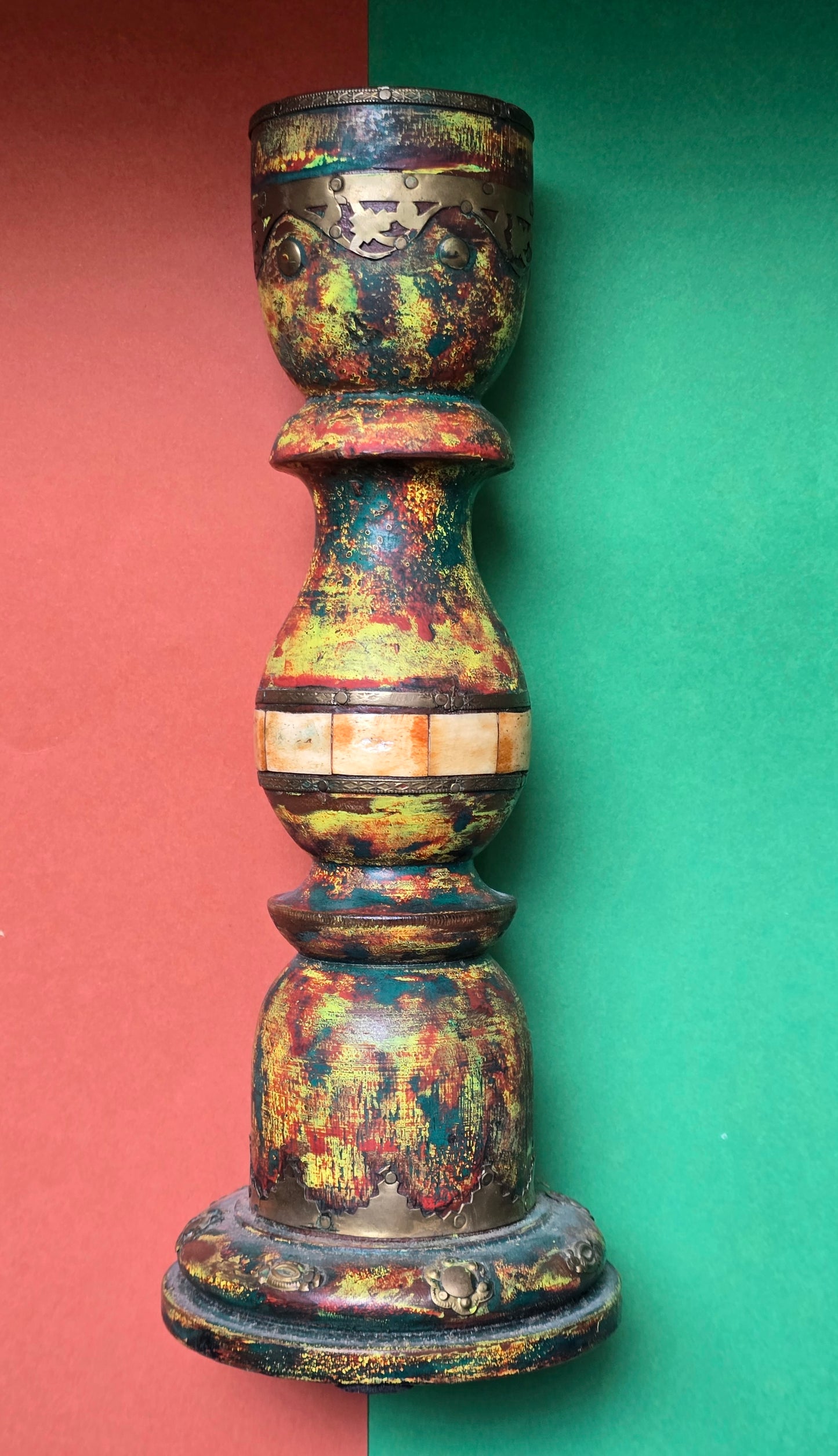 Indian Lacquerwork Candlestick with Bone Inlay & Brass Fittings – Rajasthan, c.1880–1920