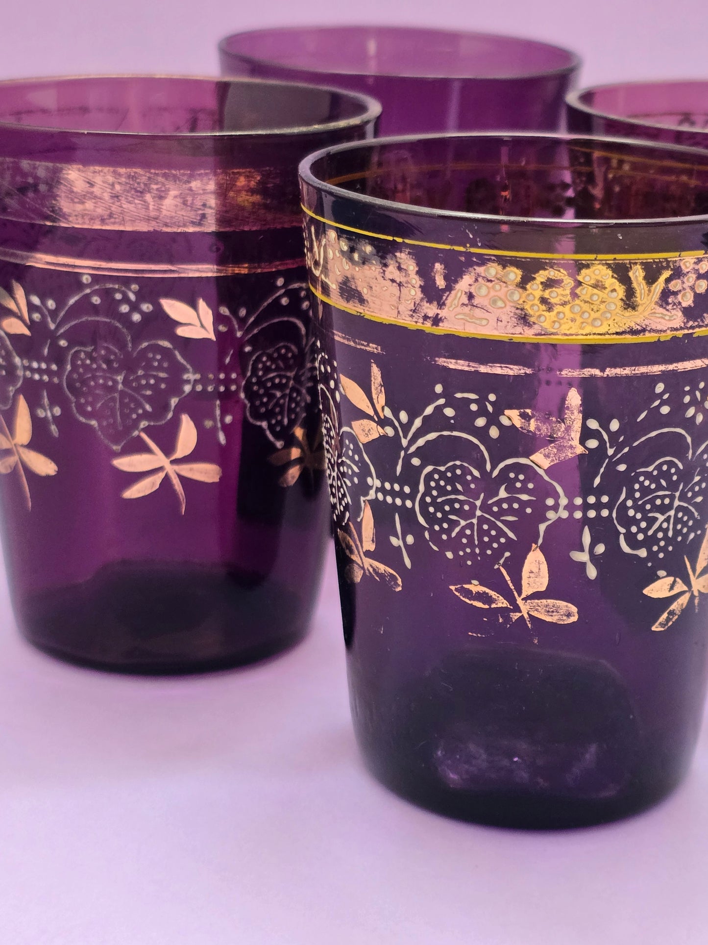 Bohemian Amethyst Glass Tumblers with Gold Enamel – Set of 4, 1870–1890