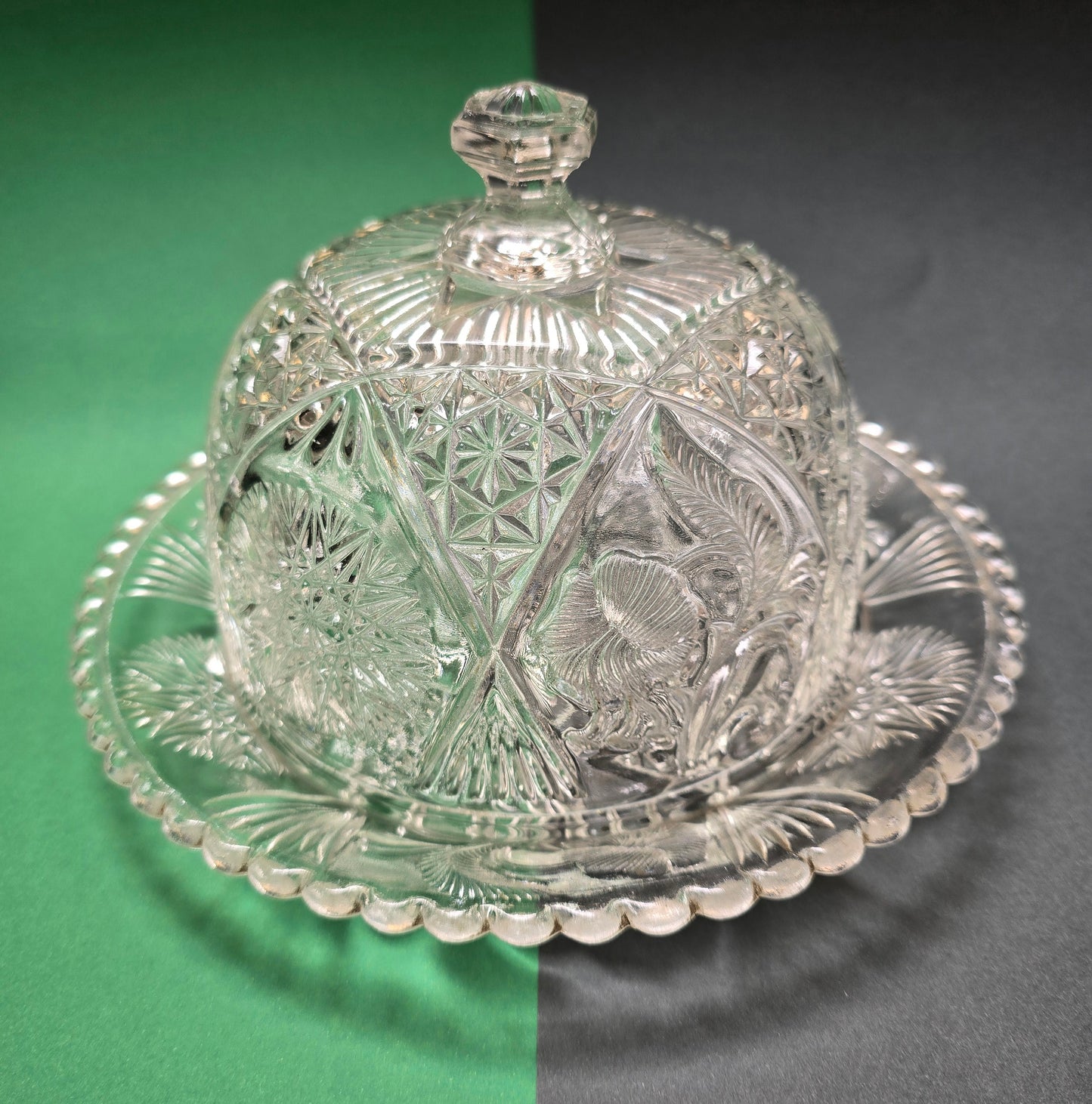 Art Deco Pressed Glass Butter Dome with Plate – Bohemian/German, c.1930s