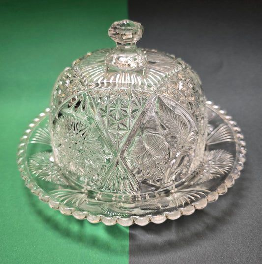 Art Deco Pressed Glass Butter Dome with Plate – Bohemian/German, c.1930s