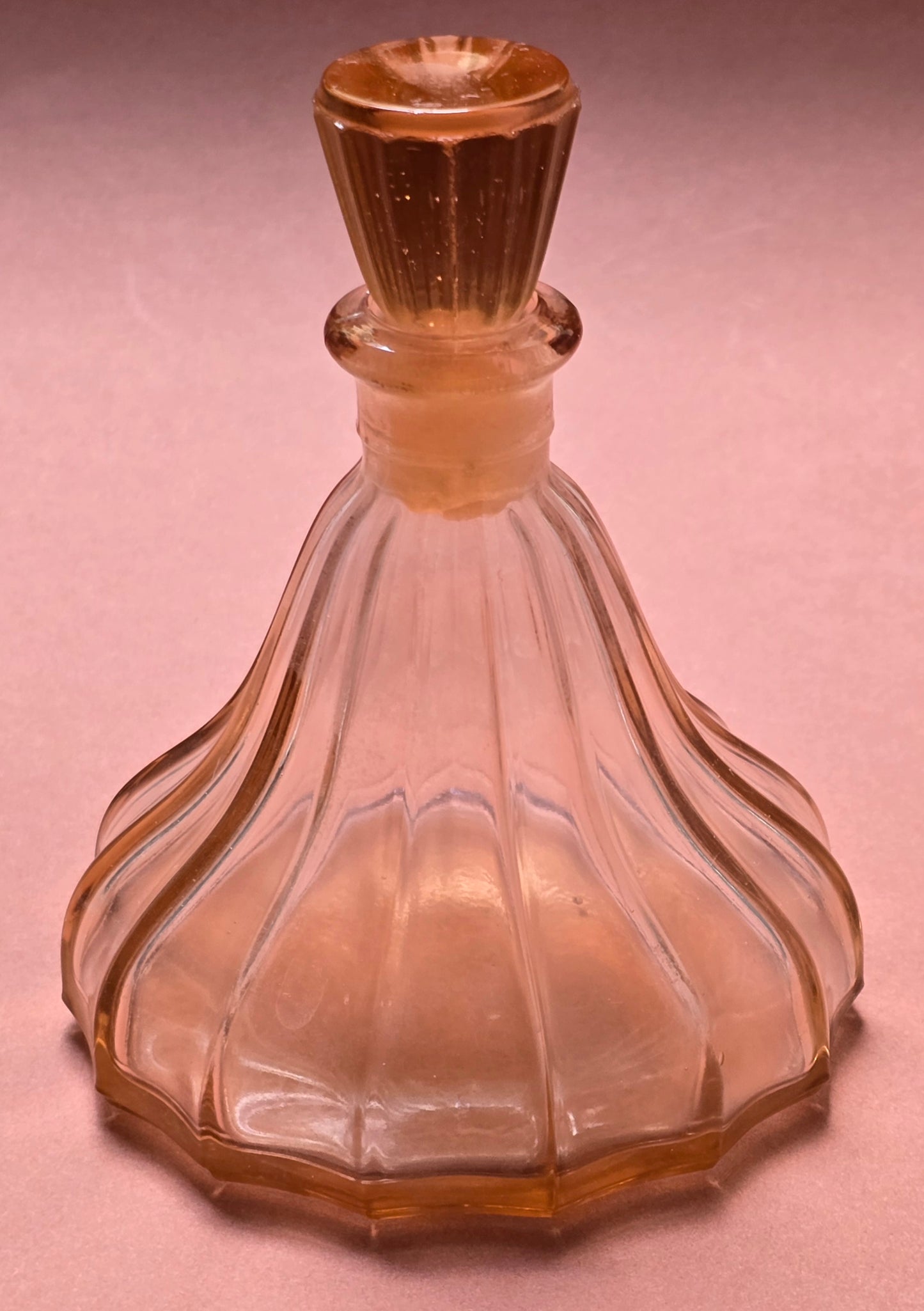 Art Deco Amber Pink Glass Perfume Bottle with Ribbed Stopper, c.1925–1935
