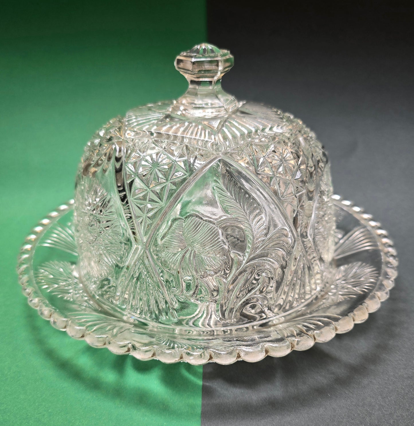 Art Deco Pressed Glass Butter Dome with Plate – Bohemian/German, c.1930s