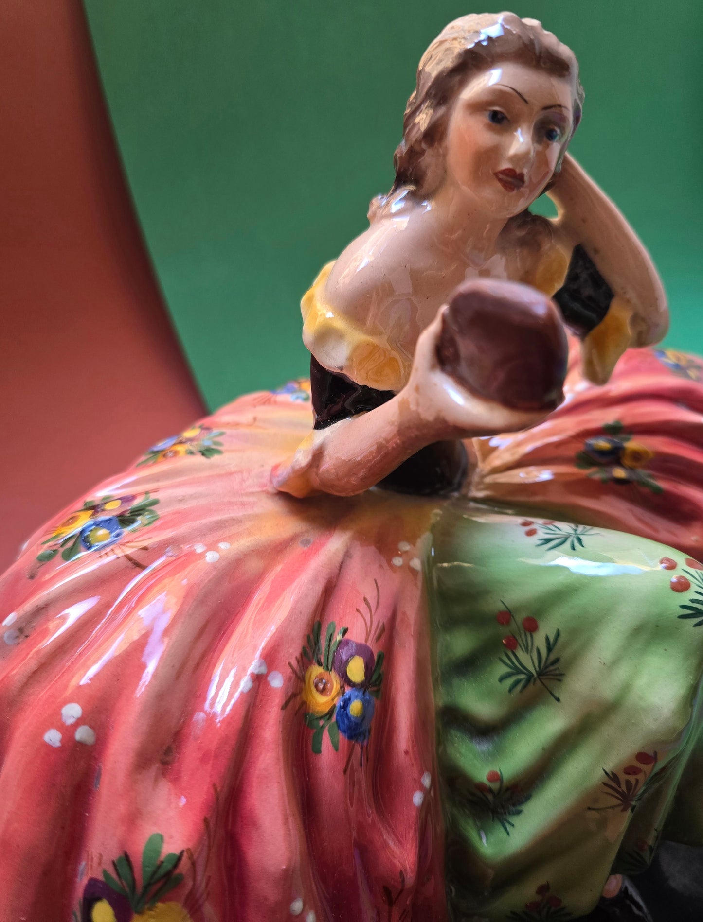 Italian Hand-Painted Ceramic Lady Figurine on Wood Base, c.1940s–1950s