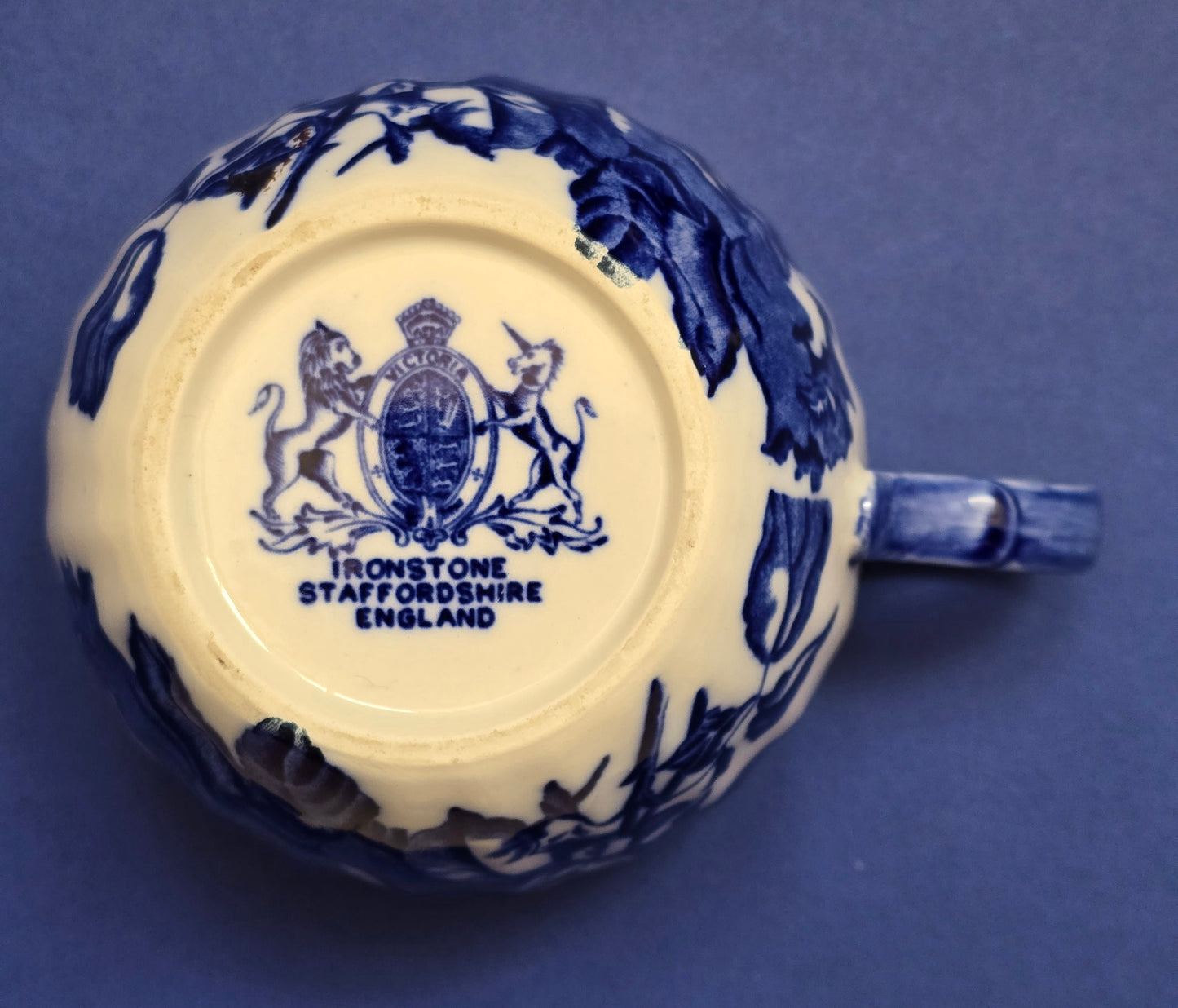 Victorian Ironstone Staffordshire Moustache Cup & Saucer – Blue Rose, c.1890