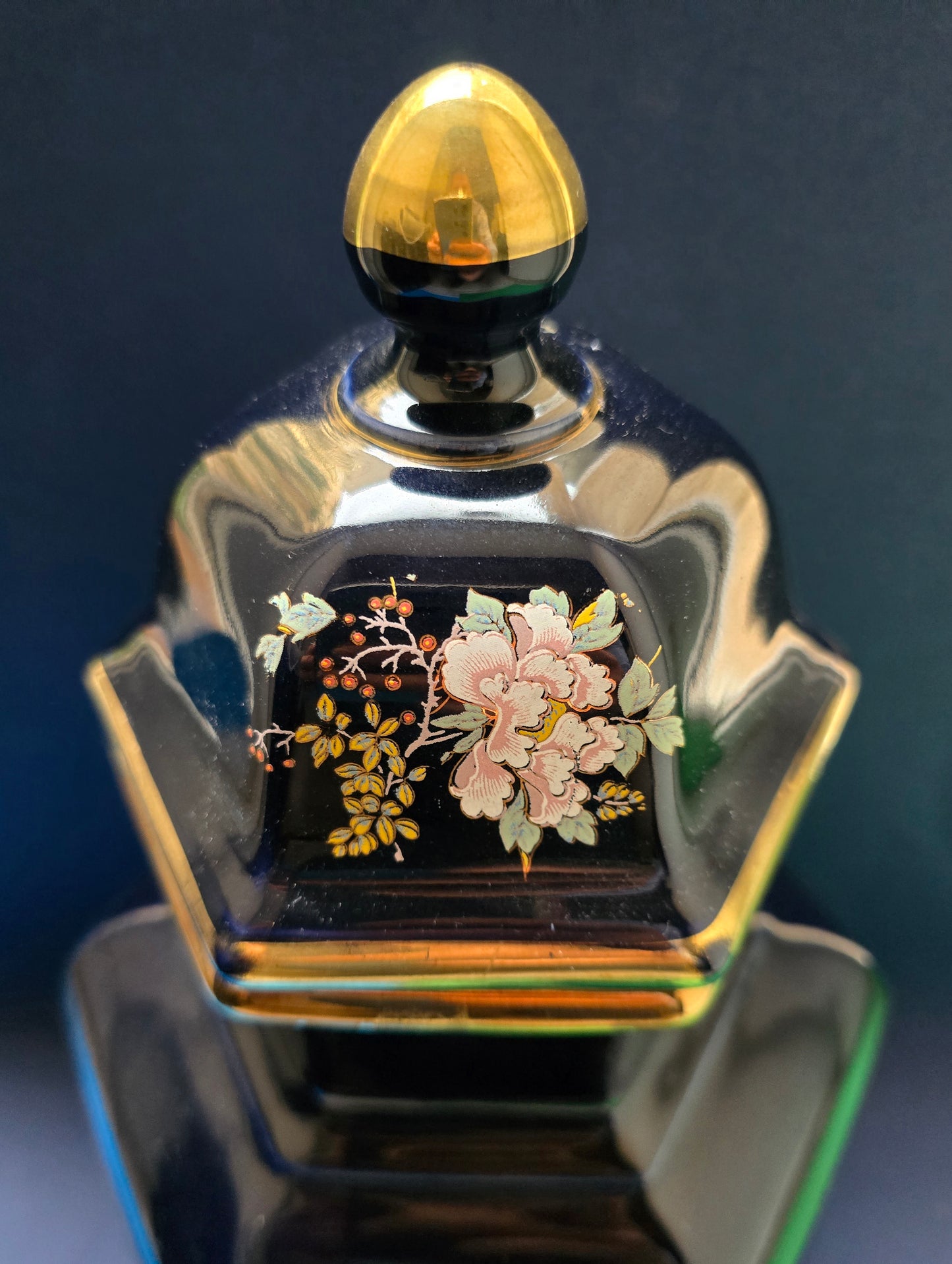 Italian Cobalt Blue Hexagonal Vase with Lid, Hand-Painted Pheasant & Peonies, Model A35, c.1950
