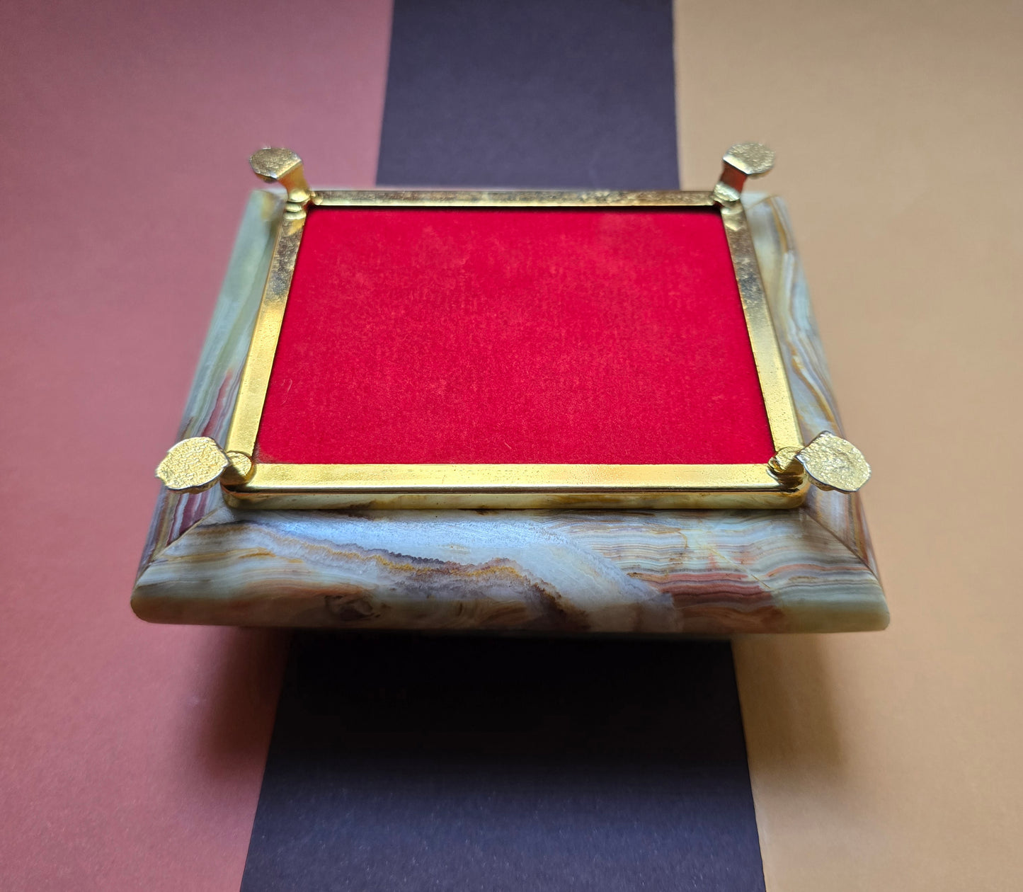 Italian Onyx Jewellery Box – Red Velvet Interior, Brass Fittings, 1960s