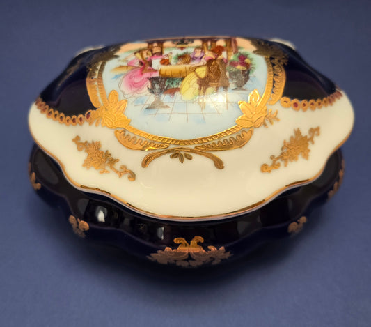 Limoges Cobalt Blue & Gold Porcelain Jewellery Box c.1970