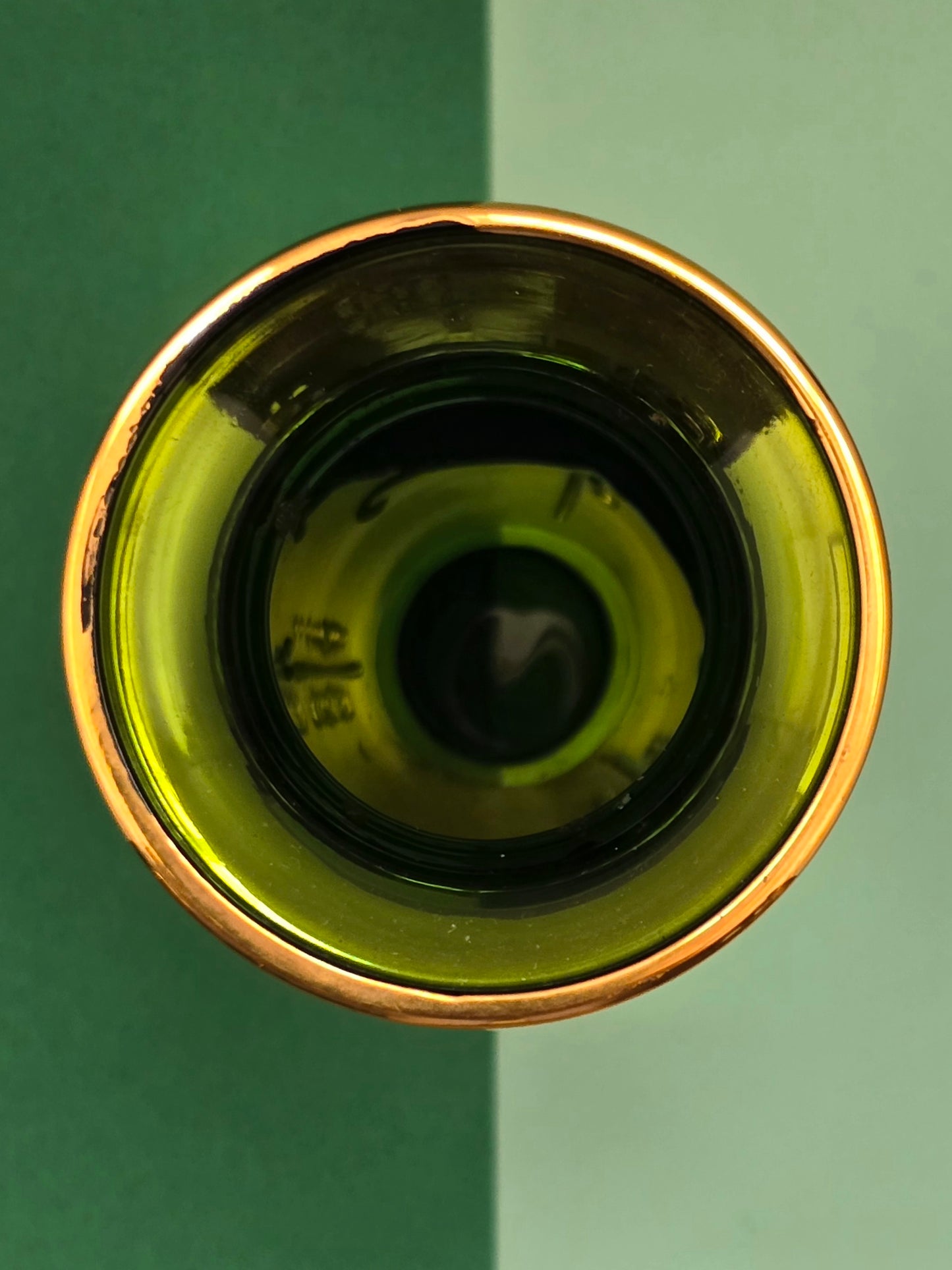 Vintage Bohemian Green Glass Vase with Gold Enamel & Hand-Painted Flowers, c.1950s