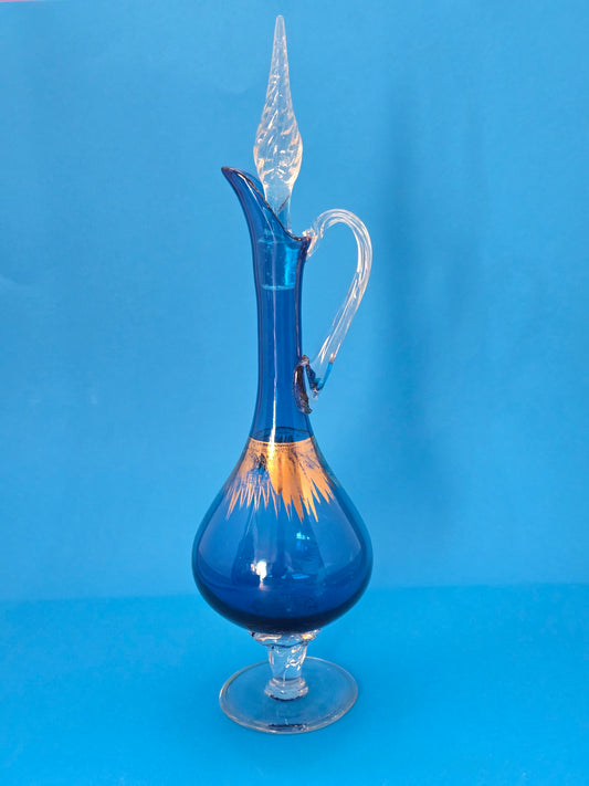 Italian Empoli Cobalt Blue Glass Decanter | Gold Decoration | c.1960s