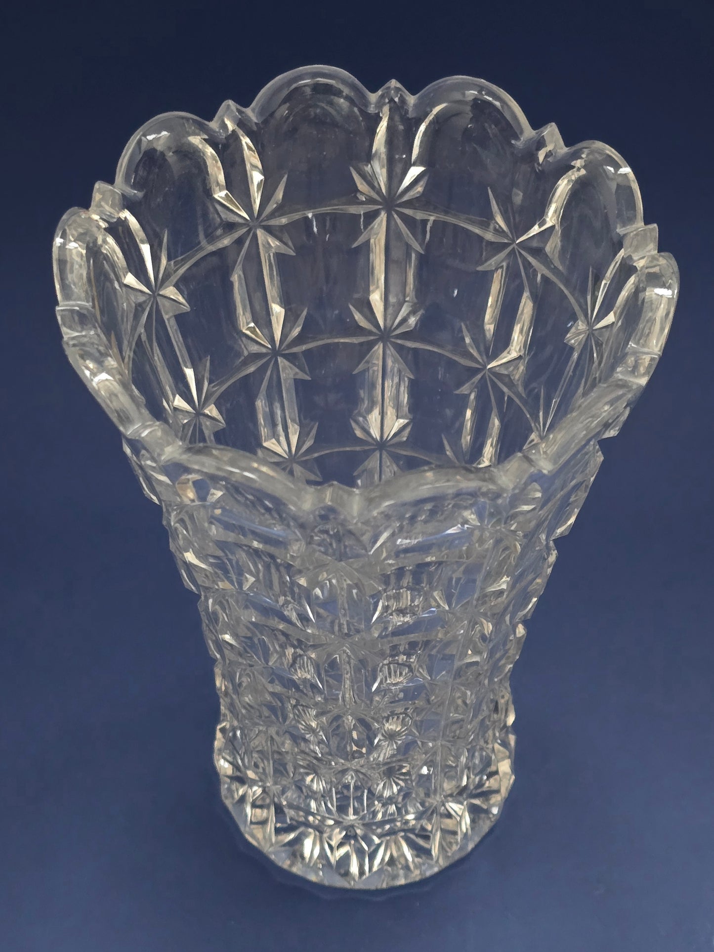 Vintage Cut Crystal Vase with Scalloped Rim, Star & Arch Pattern, c.1930