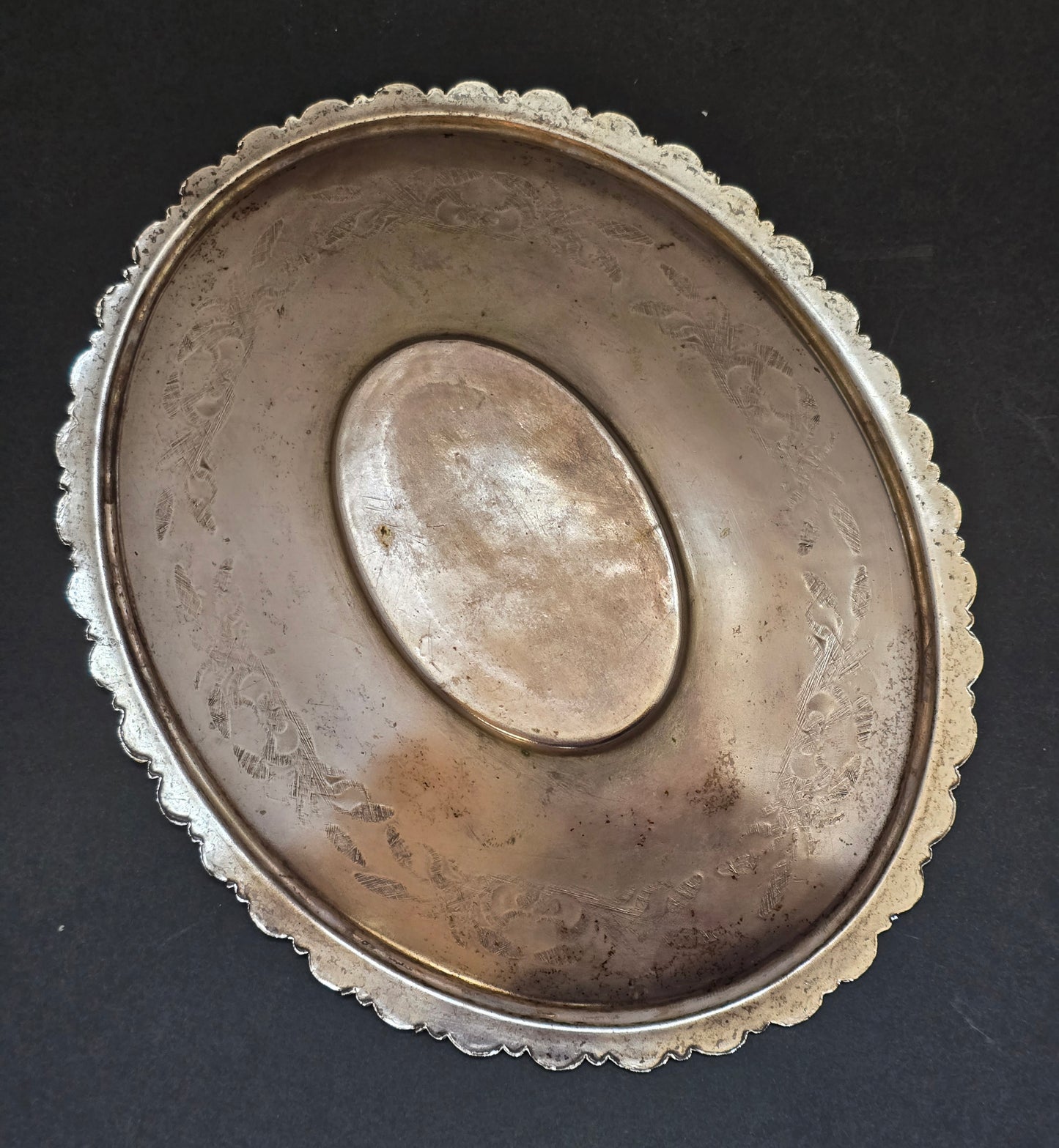 Antique Silver-Plated Oval Server | Engraved Wheat & Scrollwork | c.1890–1910