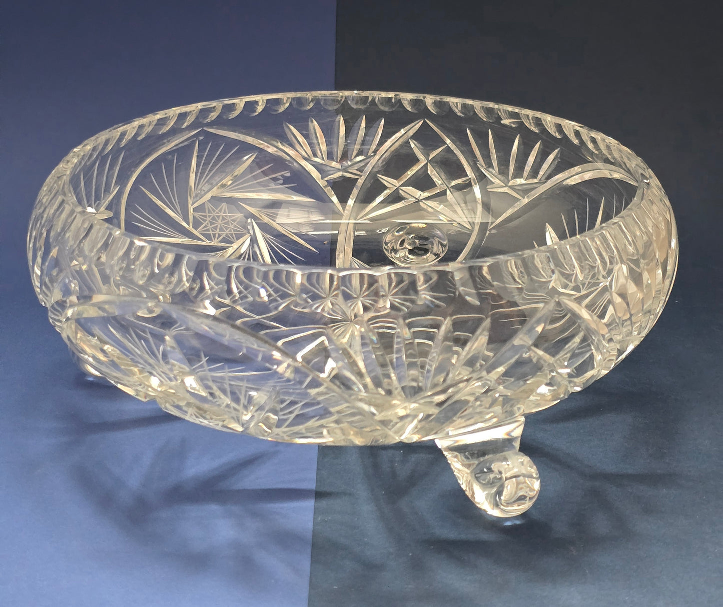 Vintage Cut Crystal Fruit Bowl on Four Ball Feet with Pinwheel & Scalloped Rim, c.1930