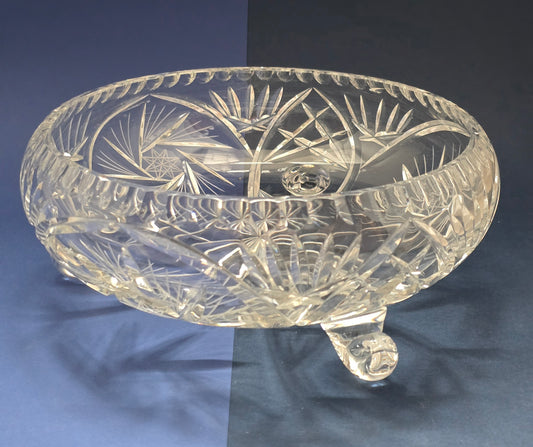 Vintage Cut Crystal Fruit Bowl on Four Ball Feet with Pinwheel & Scalloped Rim, c.1930