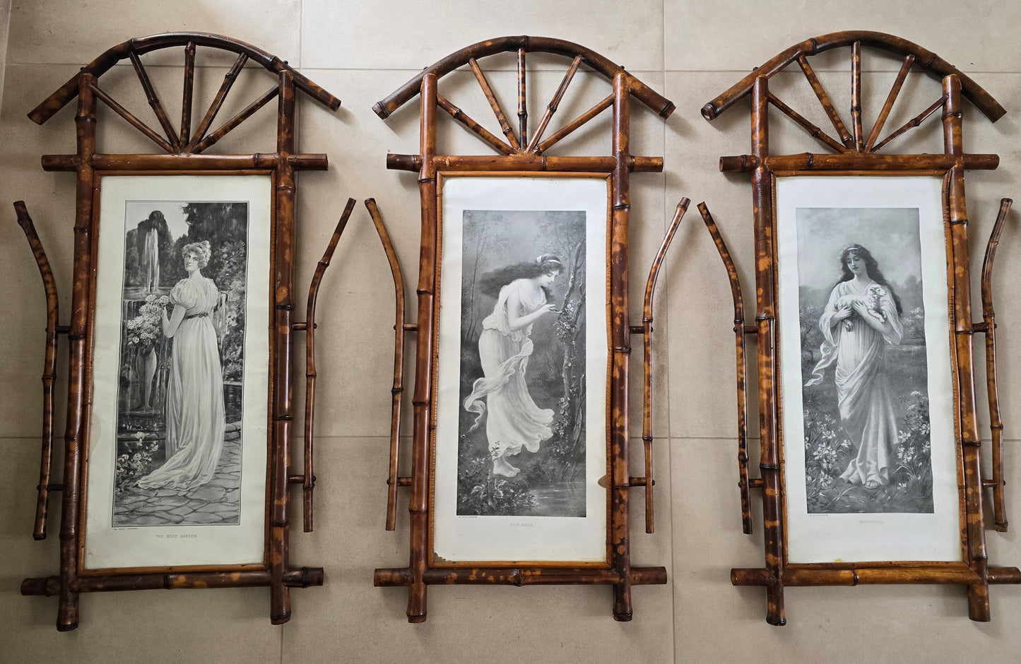 Set of 5 Victorian Sentimental Prints in Original Bamboo Japonisme Frames, c.1870–1890
