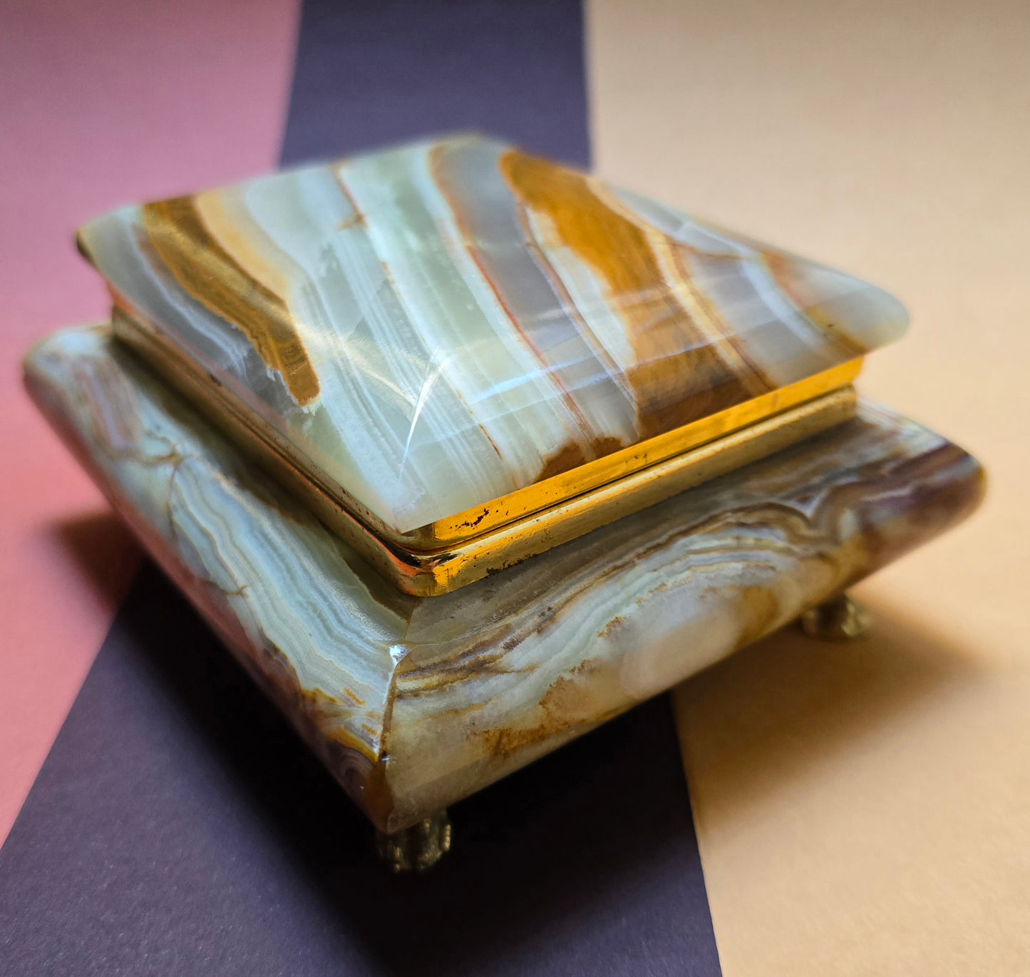 Italian Onyx Jewellery Box – Red Velvet Interior, Brass Fittings, 1960s