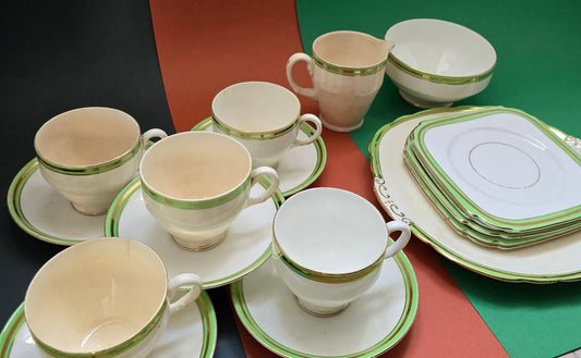 Complete Tea Set for Five | Kent China Green & Gold Band | c.1950