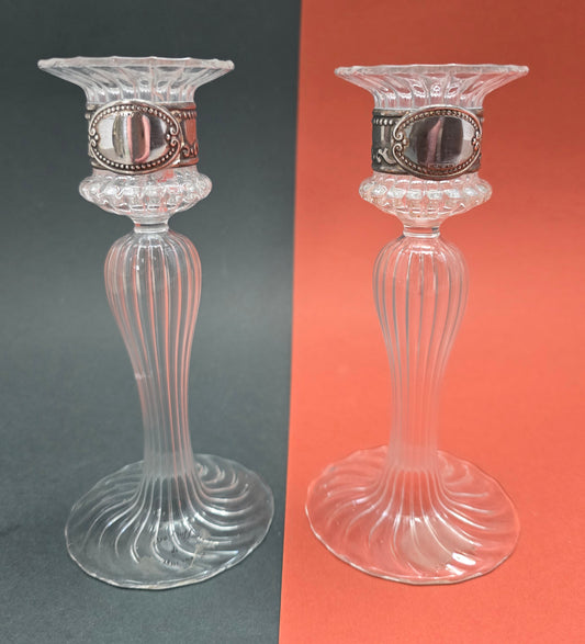 Pair of Murano Glass Candlesticks | Vetro Soffiato | Silver Collar | c.1960s