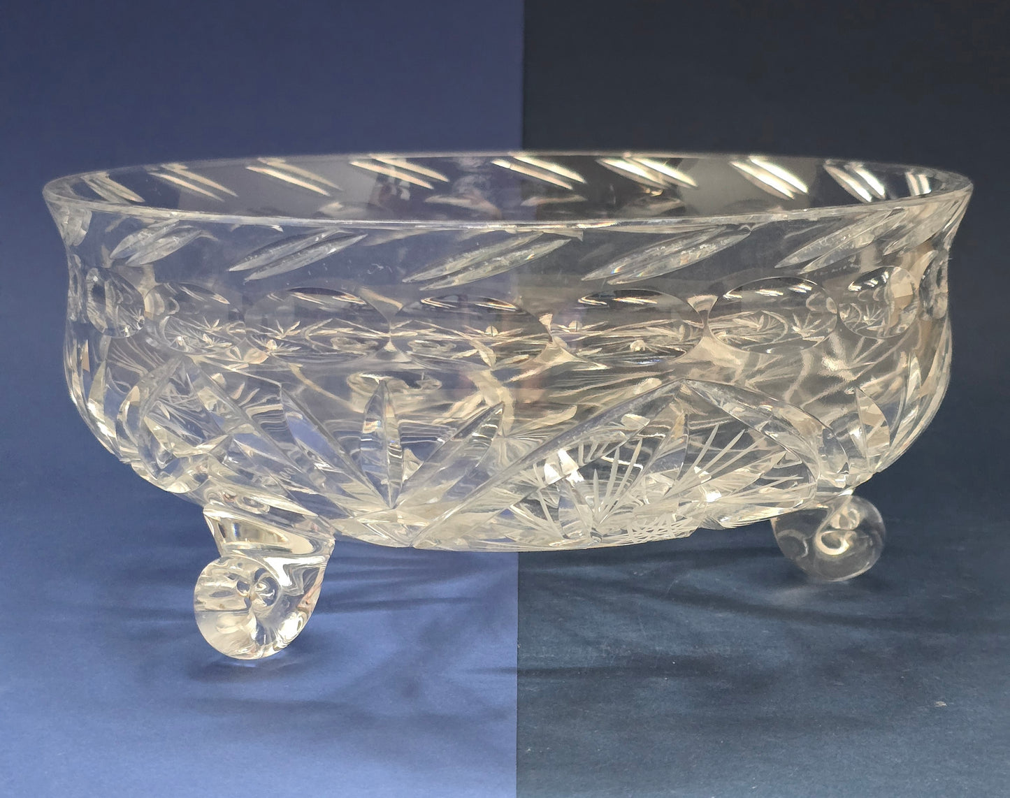 Vintage Cut Crystal Bowl on Three Ball Feet with Pinwheel & Fan Pattern, c.1930