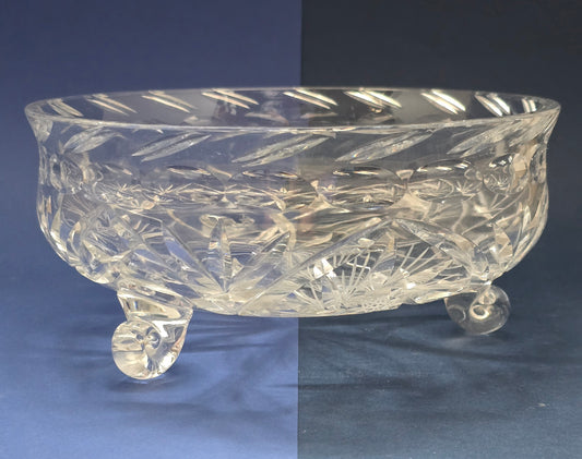 Vintage Cut Crystal Bowl on Three Ball Feet with Pinwheel & Fan Pattern, c.1930