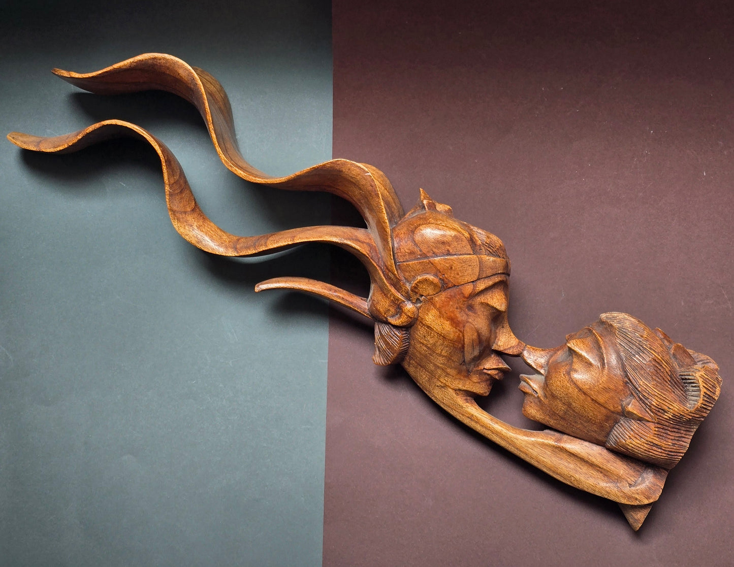 Balinese Hand-Carved Suar Wood Lovers Sculpture with Spiral Horns, c.1940–1950