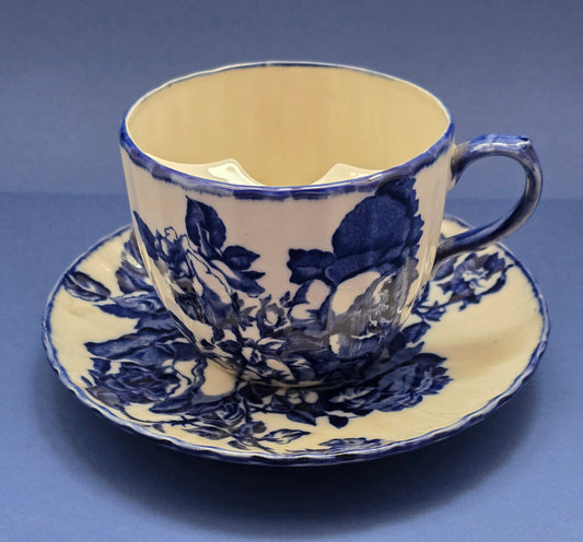 Victorian Ironstone Staffordshire Moustache Cup & Saucer – Blue Rose, c.1890