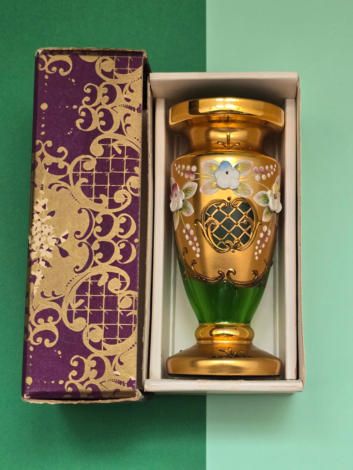 Vintage Bohemian Green Glass Vase with Gold Enamel & Hand-Painted Flowers, c.1950s